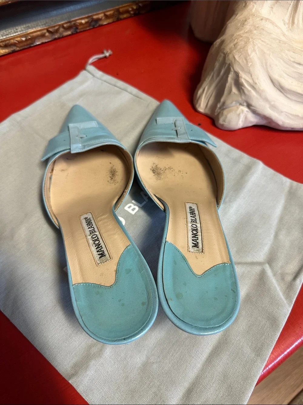Manolo Blahnik Robin Egg Blue Pointed Leather Mule Slides with Buckle - Picture 4 of 8